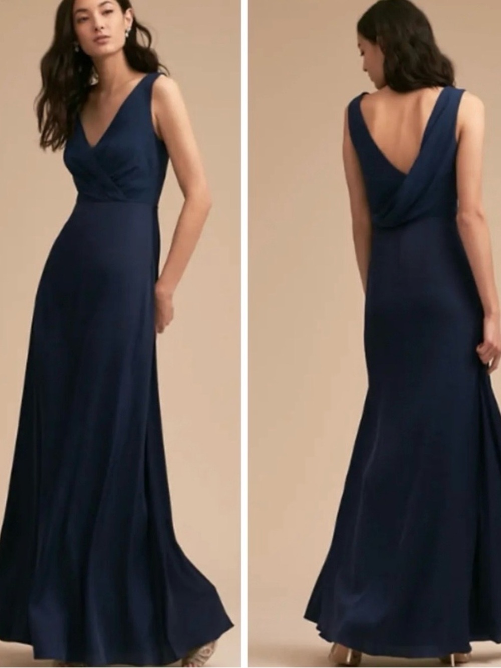 BHLDN Navy V-Neck Maxi Dress with Draped Back